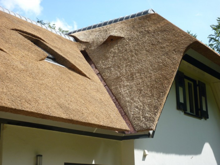 koperen kilgoot in rieten dak verwerkt