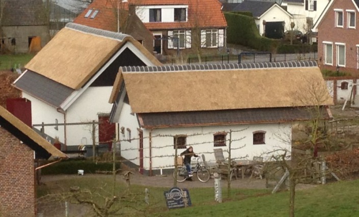 bijgebouwen met rieten dak en koperen goten