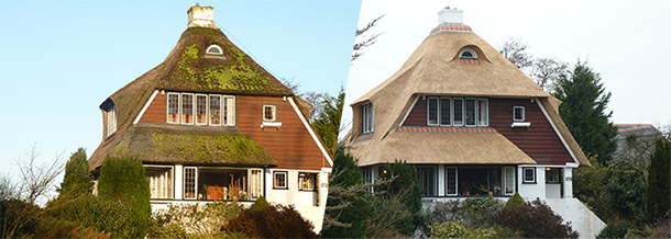 voor en na foto vernieuwen rieten dak